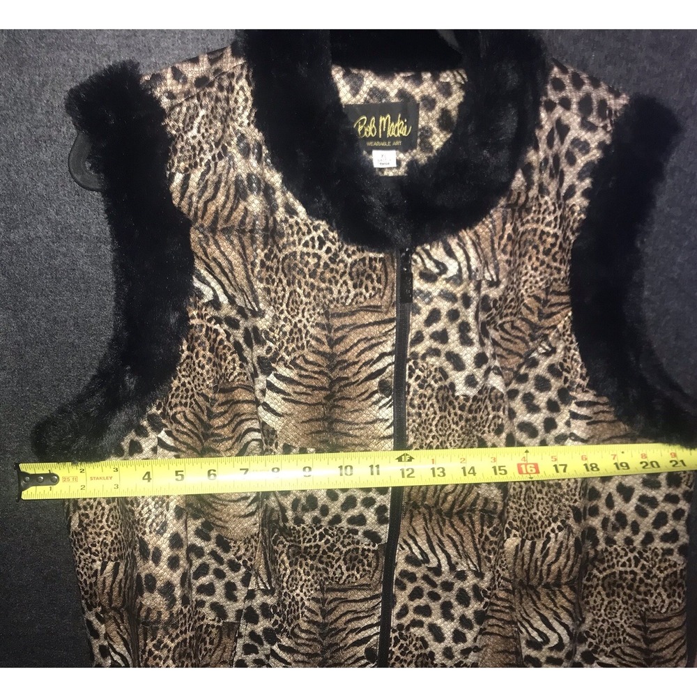 Bob Mackie Vest Zip Wearable Art Brown Safari Animal Print Black Faux Fur Trim - Picture 8 of 11